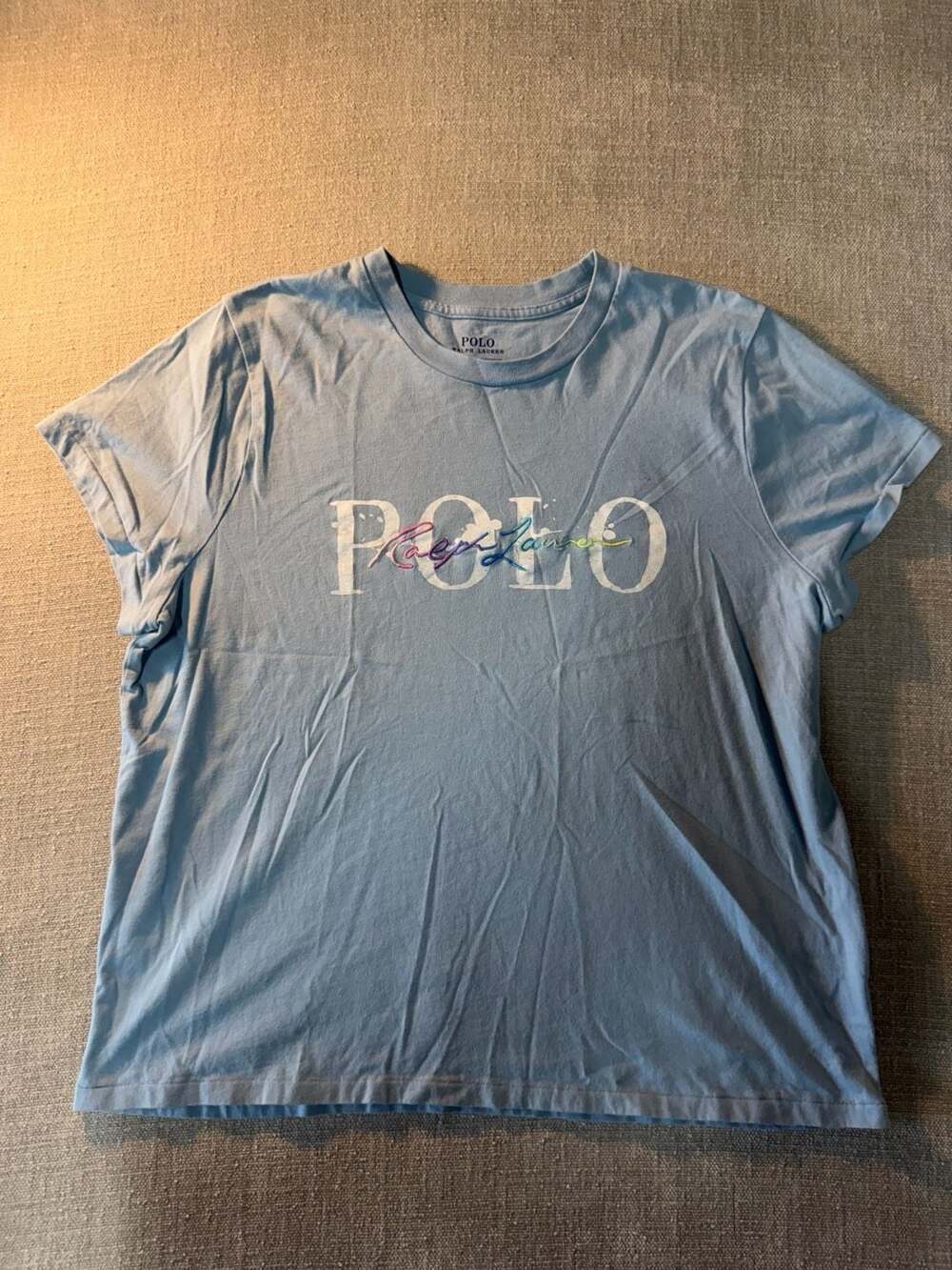 Polo Ralph Lauren Light Blue T-Shirt with Embroidered Rainbow Logo